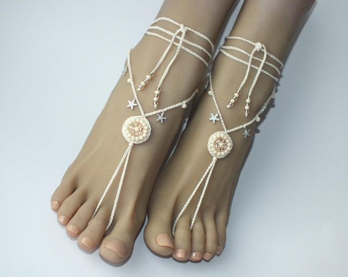 Starfish beaded barefoot sandals/Crochet barefoot sandals/Beach wedding/Bridal Footless shoes/Starfish Barefoot Sandals/bridal foot jewelry
