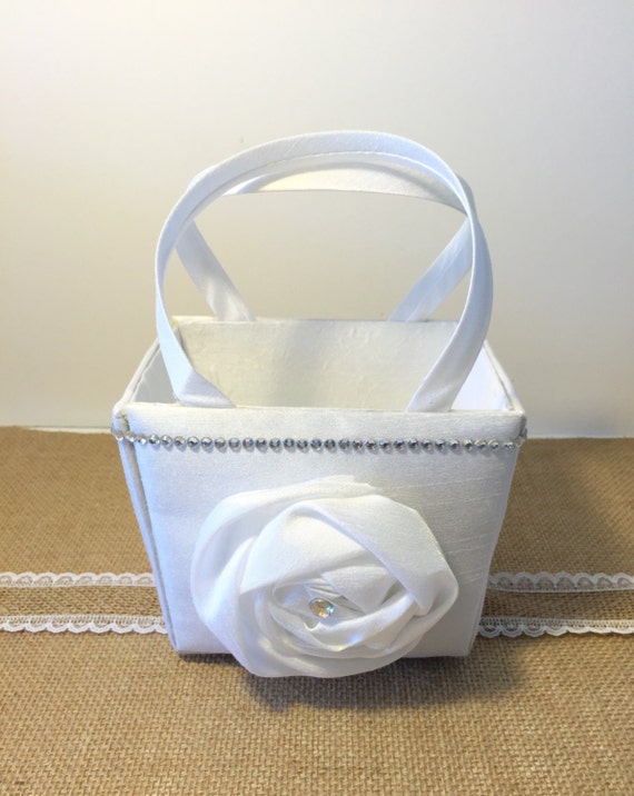 Flower Girl Basket Purse White Large Flower with Rhinestones