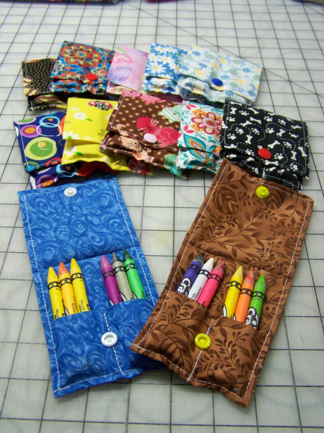 12 Crayon Rolls with 6 Crayons Each ASSORTED FABRIC PRINTS