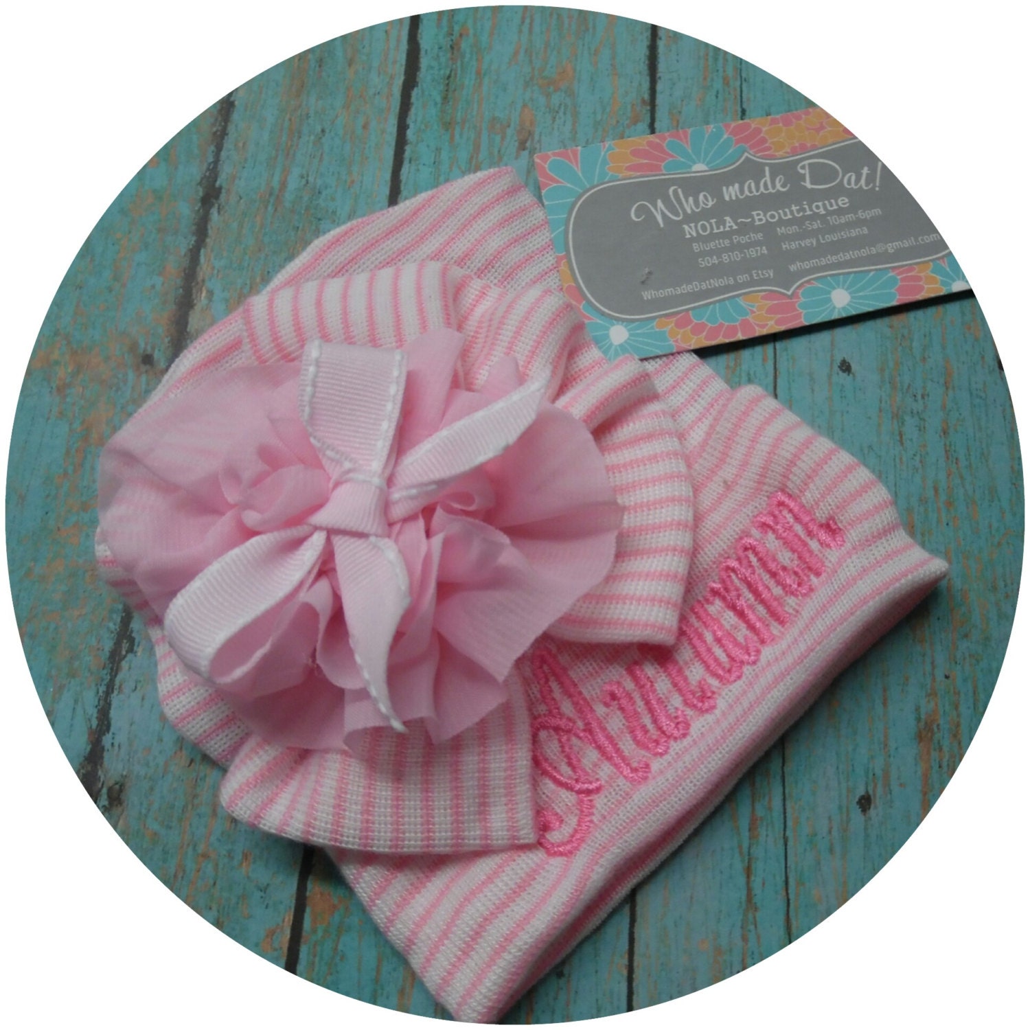 NEWBORN BABY GIRL Hat Baby Pink on White Beanie Hat