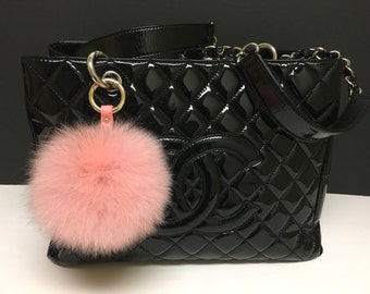 Cute Genuine Leather Fox fur pom pom keychain for car key ring Bag Pendant Light Pink - Hardware
