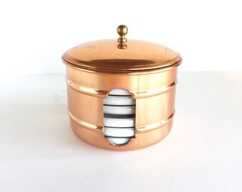 Vintage Benjamin Medwin Inc Coasters in Copper Container Made in Portugal