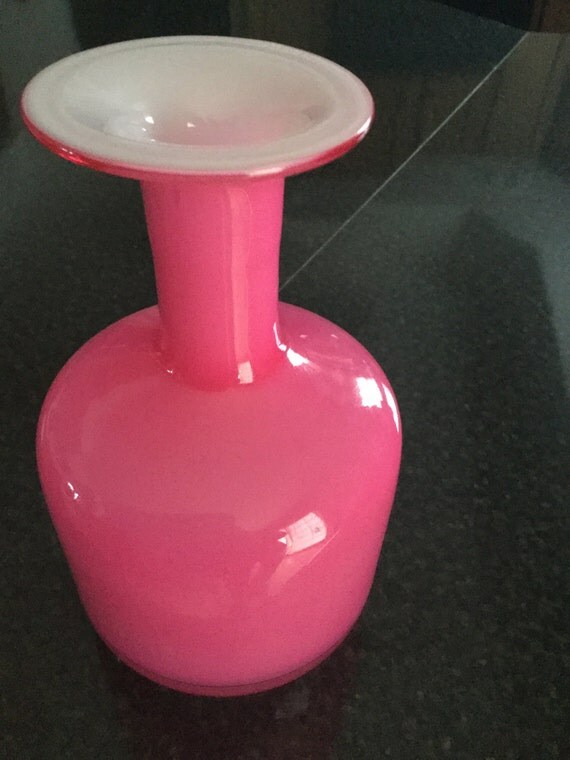 BRIGHT PINK Art Glass Vase with White Inside and Top Flare