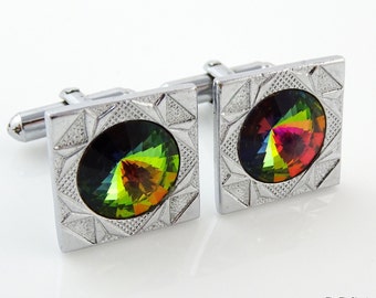 Vintage Cufflinks Watermelon Rivoli Stone Silver Tone
