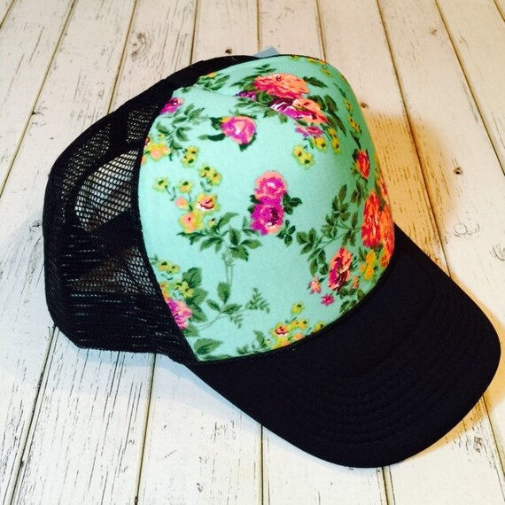 Mint mint floral floral floral hat truckerhat cute by ArieBdesigns