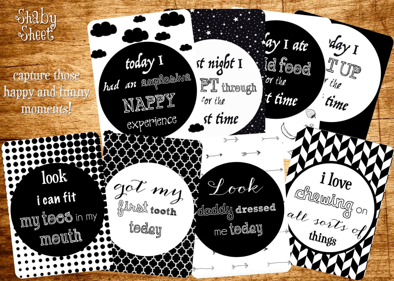  Funny  Baby  Milestone  Cards Monochrome by CMShabbySheet on Etsy