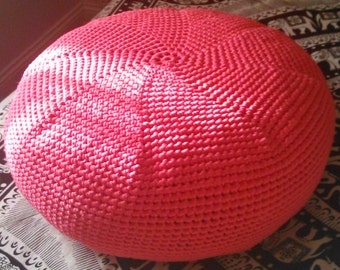 Knitted Crochet Pouf Pouffe Pink Ottoman Footstool In Deep Hot Coral Cotton Spiral Beanbag Floor Knitted Crochet Pouf Pouffe Pink Ottoman Footstool In Deep Hot Coral Cotton Spiral Beanbag Floor