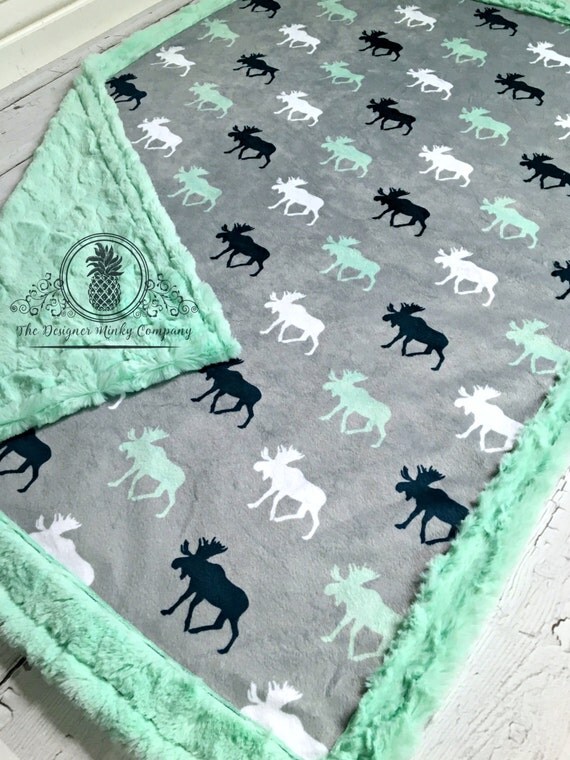 Moose Baby Blanket Designer Minky Grey Mint White and Navy