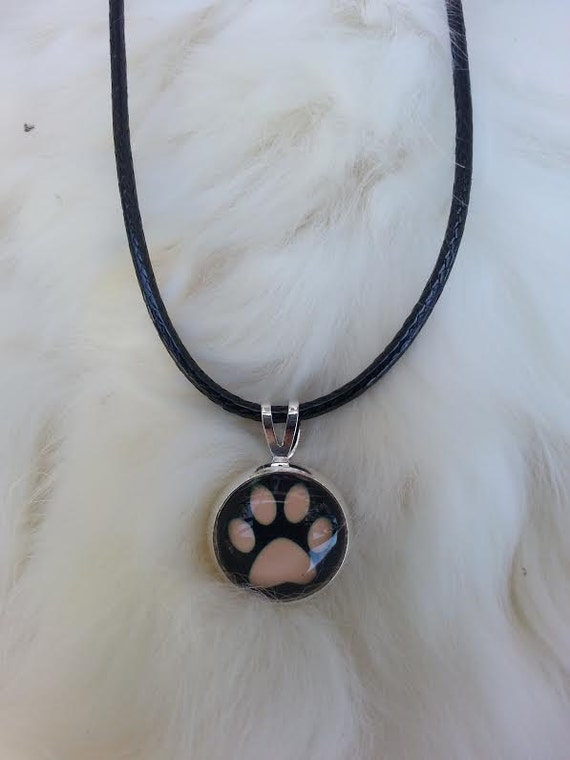Silver Paw Print Necklace Leather Cord Dog Charm by TheGlitzyHen