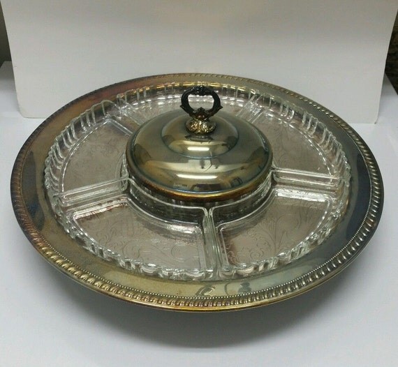 Silverplate Large Lazy Susan With Glass Inserts And Dome Lid