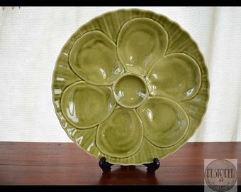 Vintage French Porcelain Majolica Oyster Plate- PILLIVUYT-FRANCE-1880s-1900s - au - Rare OLIVE Green - ktt0076