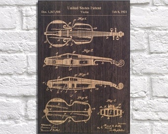 Violin Patent print gift String instrument Wood wall art Music room decor Classical music patent art gift Music gift Panel effect Wood art