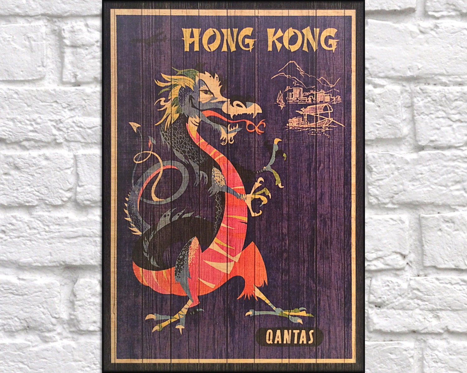  Hong  Kong  Travel Poster Wood wall  art  decor  Retro Travel