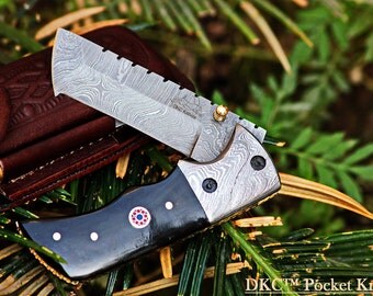 DKC-27- WIZARD Tanto Folding Pocket Knife handmade usa damascus knife great quality hunting knife 7" Long 4" Folded 6 oz DKC Knives