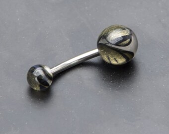 Navel Ring with Metallic Butterfly Wing Ribbon Swirl Acrylic Balls, 14g belly button ring, surgical steel, unique body jewelry