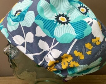Teal Flower Surgical Scrub Hat, Women's Floral European Style Scrub Cap, Modified Bouffant, Custom Caps Company