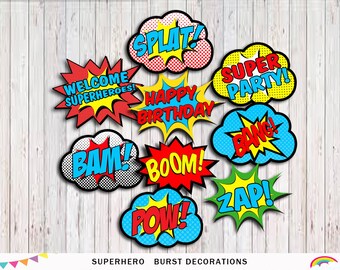 Superhero Printable Party, word bubbles, Party Decorations, Superhero Party Supplies Superhero Birthday Decor,Superhero INSTANT DOWNLOAD