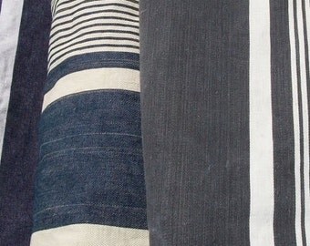 Lot of Vintage French Fabric Navy Striped Ticking Pieces Linen Herringbone Weave Midnight Blue