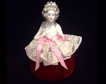 FREE SHIPPING-Darling-Vintage-Austrian-Art Deco-Porcelain-Lady Figural-Pin Cushion