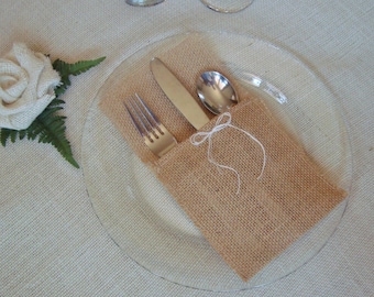 10 Burlap Silverware Holders – Color: Tan/Brown/Natural, with White/Cream Burlap Bow