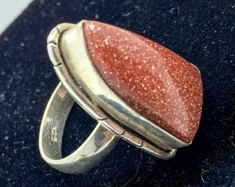 Sterling Goldstone Ring 1960's 1970's Modernist Statement Jewelry Size 7.25