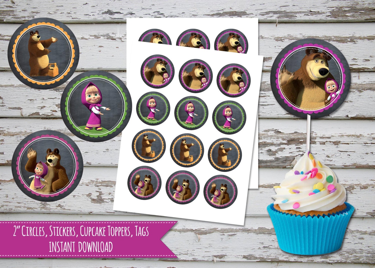 Masha and the bear Cupcake Toppers Masha and the bear Birthday