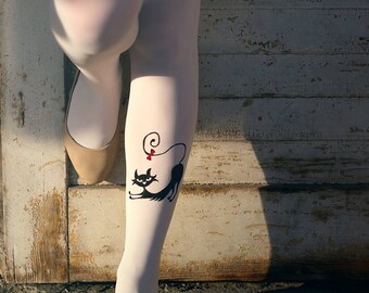 Black Cat Leggings, Cat with Bow, Red Bow, Hand Painted Tights, Cute Cat, Stretching Cat