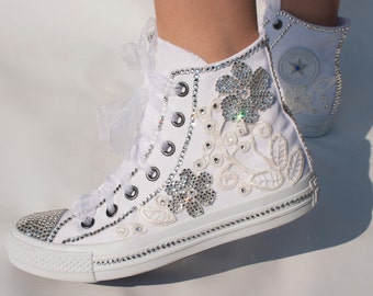 wedding converse trainers with crystals lace & pearls.