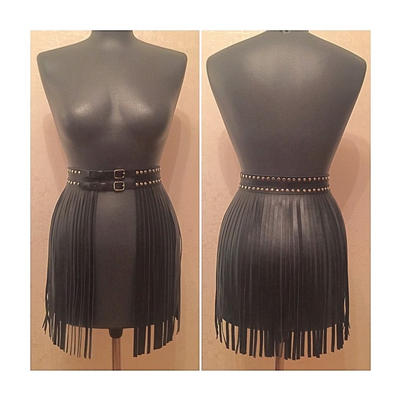 Fringe leather belt skirt rivets jenner style by SeveniaStudio