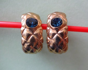 Vintage Gold and Blue Clip on Earrings, 1980s gold clip on earrings, Gold & Blue Earrings,