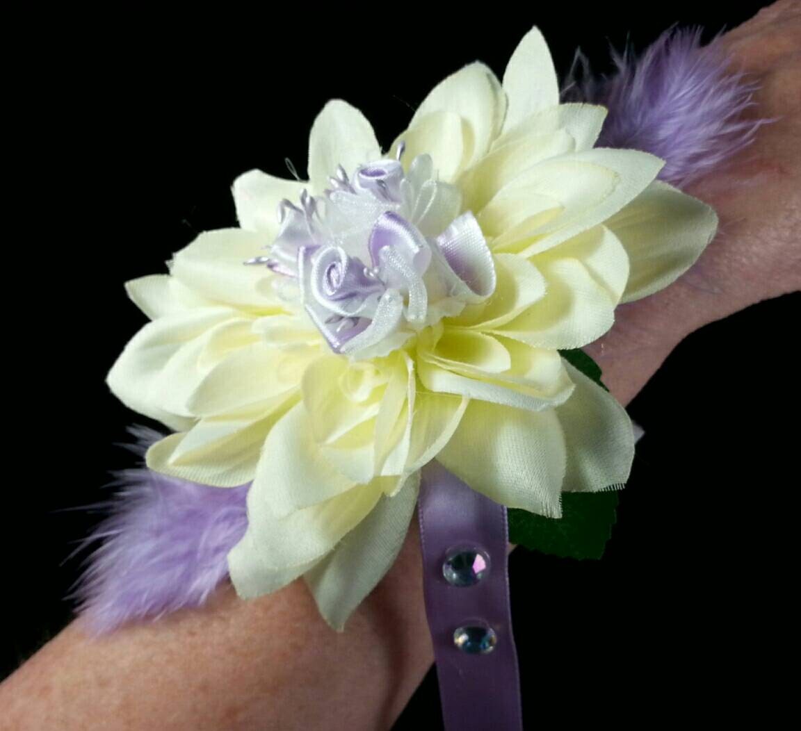 Silk Wrist Corsage Lavender And Cream Dahlia.