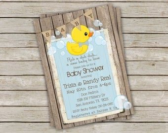 Rubber Duck Baby Shower Invitation- Rustic Wood and Burlap Banner 5x7
