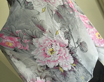 Scarf shawl wrap sarong cover up Fichu with pink grey gray flowers multi birthday wedding party