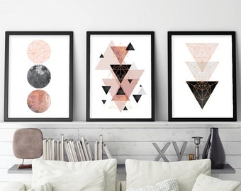 Trending Now Art, Set of 3 prints, Minimalist Poster, Scandinavian Modern, Scandinavian Print, Geometric Art, Blush Pink, Rose Gold, Digital