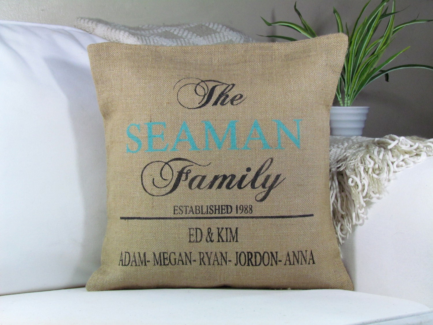 Burlap Pillow Personalized Family Last Name Year