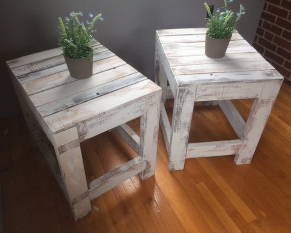 Rustic White Washed Reclaimed Wood End Tables by oddmentsfurniture