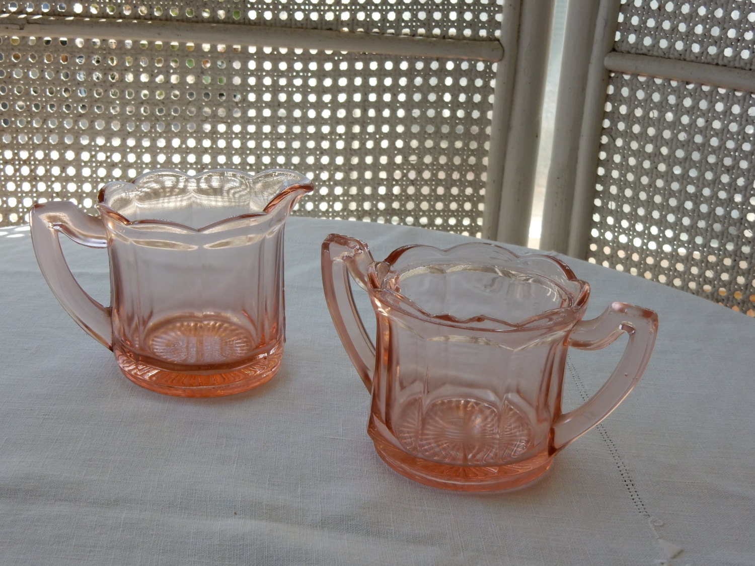 Depression glass pink creamer sugar bowl set