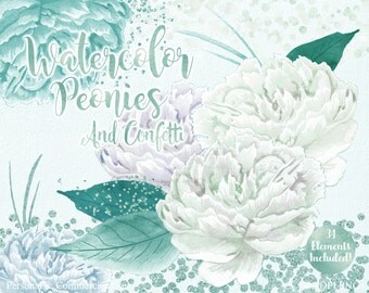 MINT WATERCOLOR FLORAL Clipart Commercial Use Clipart 34 Watercolor Peonies Clipart Aqua Mint Confetti Watercolor Floral Wedding Clip Art
