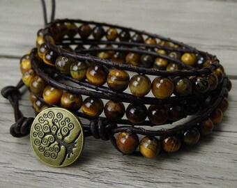 Yellow tiger eye bracelet boho gemstone bracelet natural stone wrap bracelet gems gypsy leather bracelet tiger eye wrap bracelet SL-0192