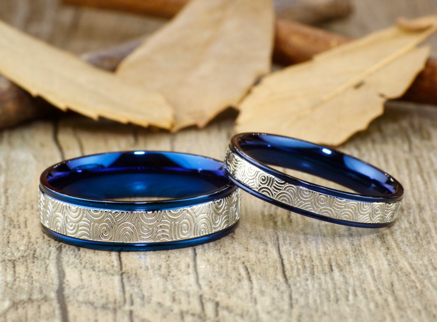 Unique Blue Wedding Bands Couple Rings Set Titanium Rings