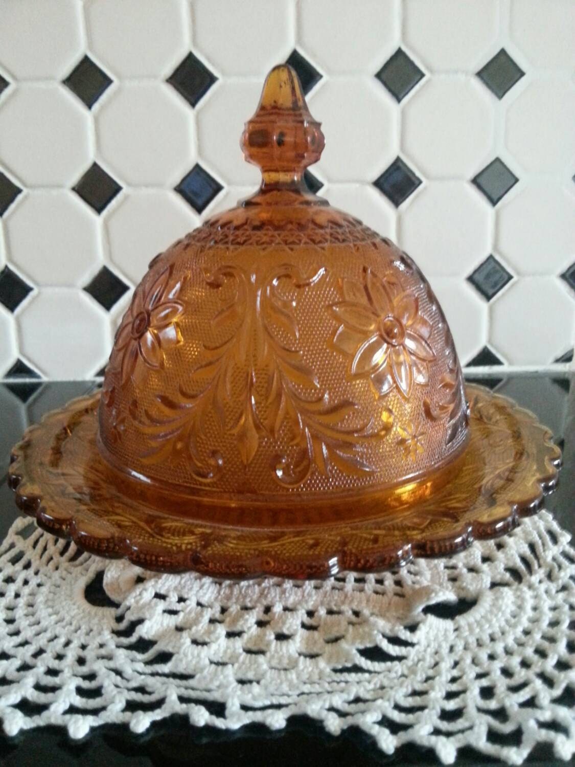 Vintage Tiara sandwich glass Amber lidded butter dish Haute Juice