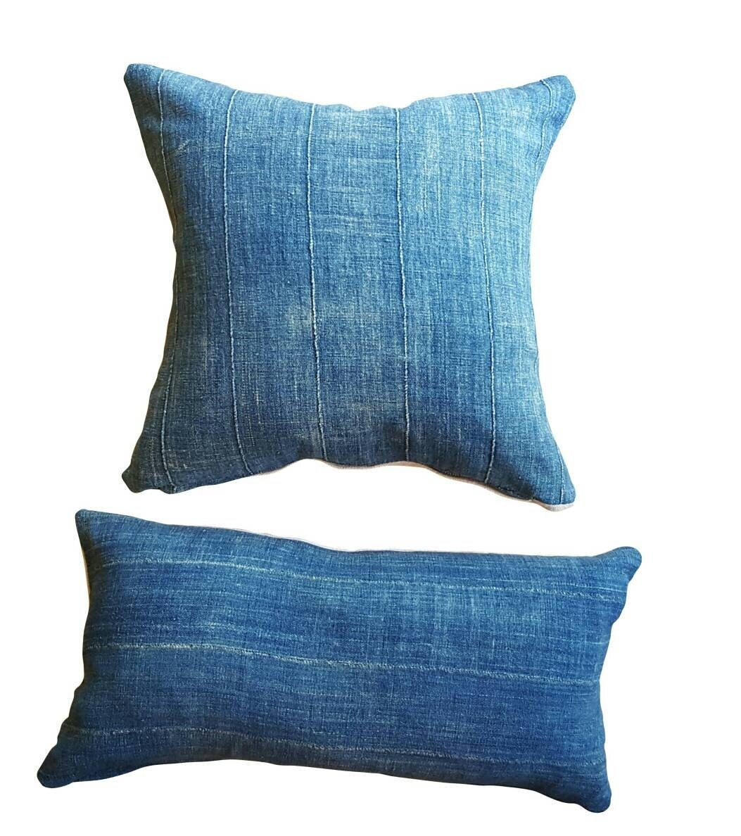 Blue African Mudcloth Pillow Denim Vintage Throw Pillow