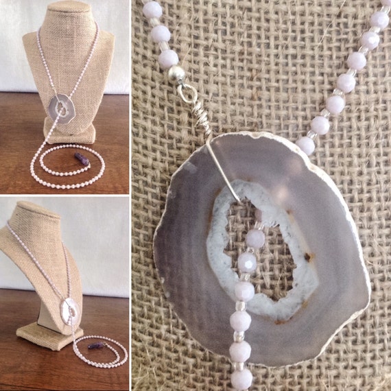 Lavender Geode Pendent Faceted Glass Bead & Crystal Lariat