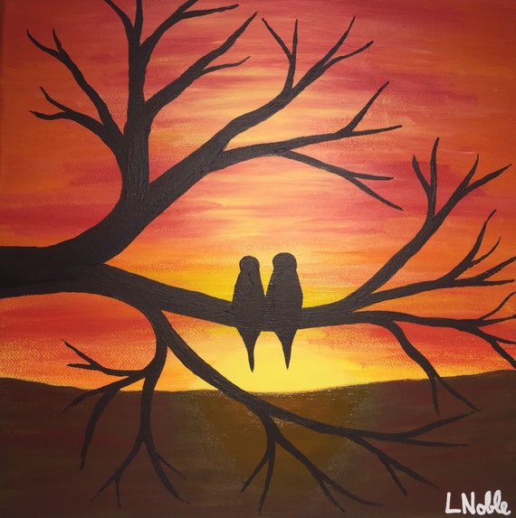 Acrylic painting lovebirds in the sunset / birds on a branch