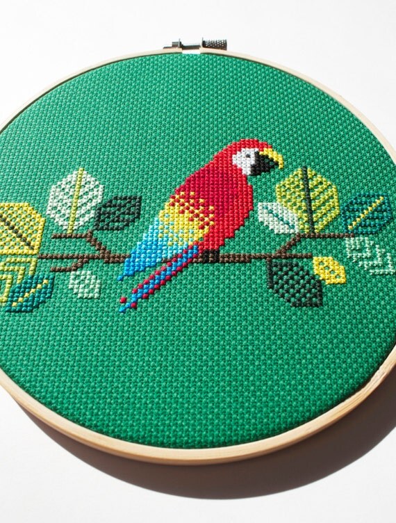 Red Parrot Modern counted cross stitch pattern Instant