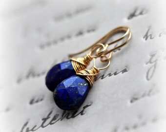 Lapis Lazuli Earrings, Lapis Drop Earrings, Lapis Lazuli Dangle Earrings in Gold, Blue Lapis Earrings, Gift for Her handmade by Blissaria