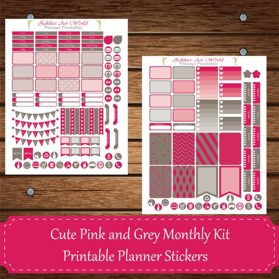 cute pink and grey monthly kit printable planner stickers for