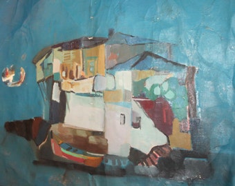 Vintage fauvist oil painting cityscape seascape