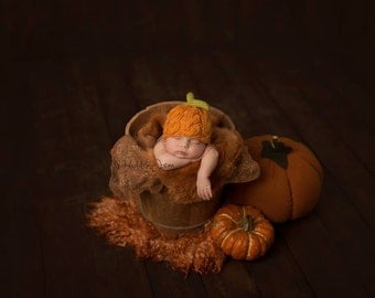 Newborn Pumpkin Hat/Knit Cable Pumpkin Baby Hat/Pumpkin Beanie Photo Prop