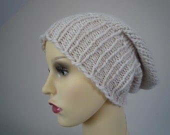 Cream hand knit hat, wool and alpaca